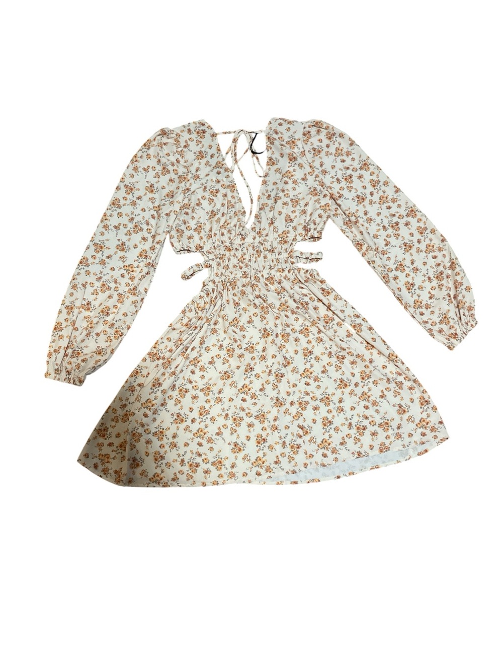 Forever 21 Cream Floral Smocked-Waist Long-Sleeve Dress